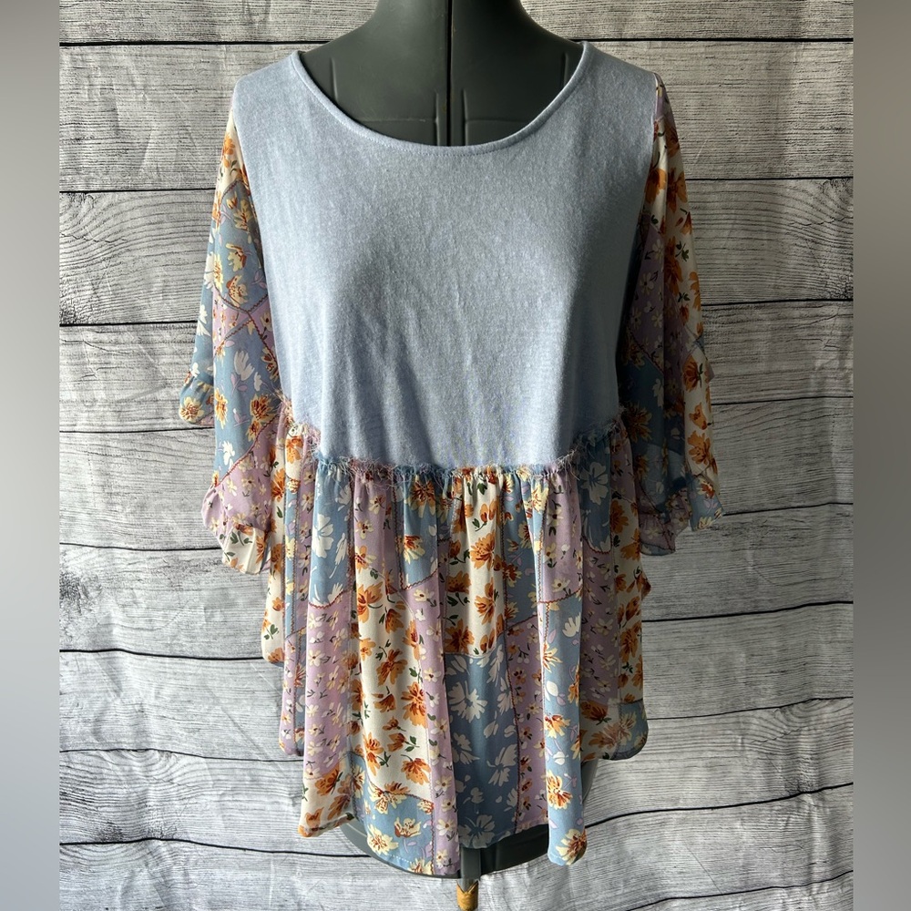 Umgee Floral Patchwork Blouse - Blue and Multicolor